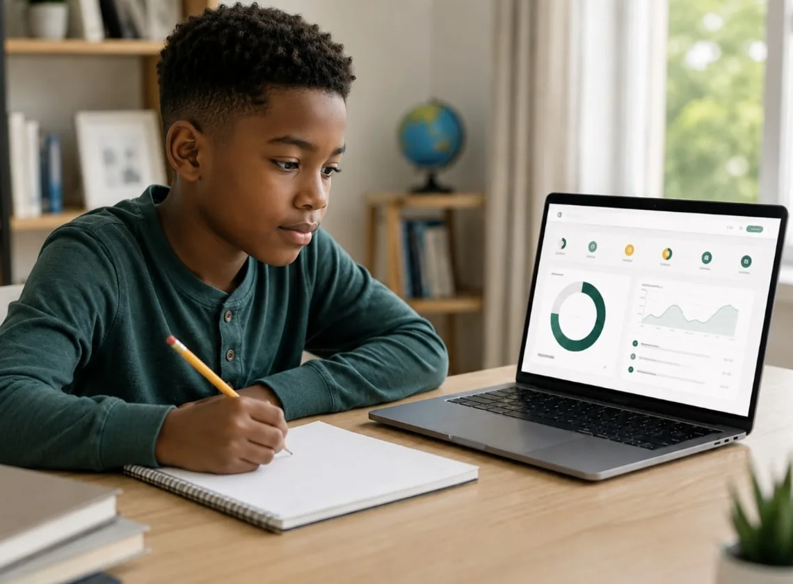 Young learner studying at home with a personalised learning dashboard